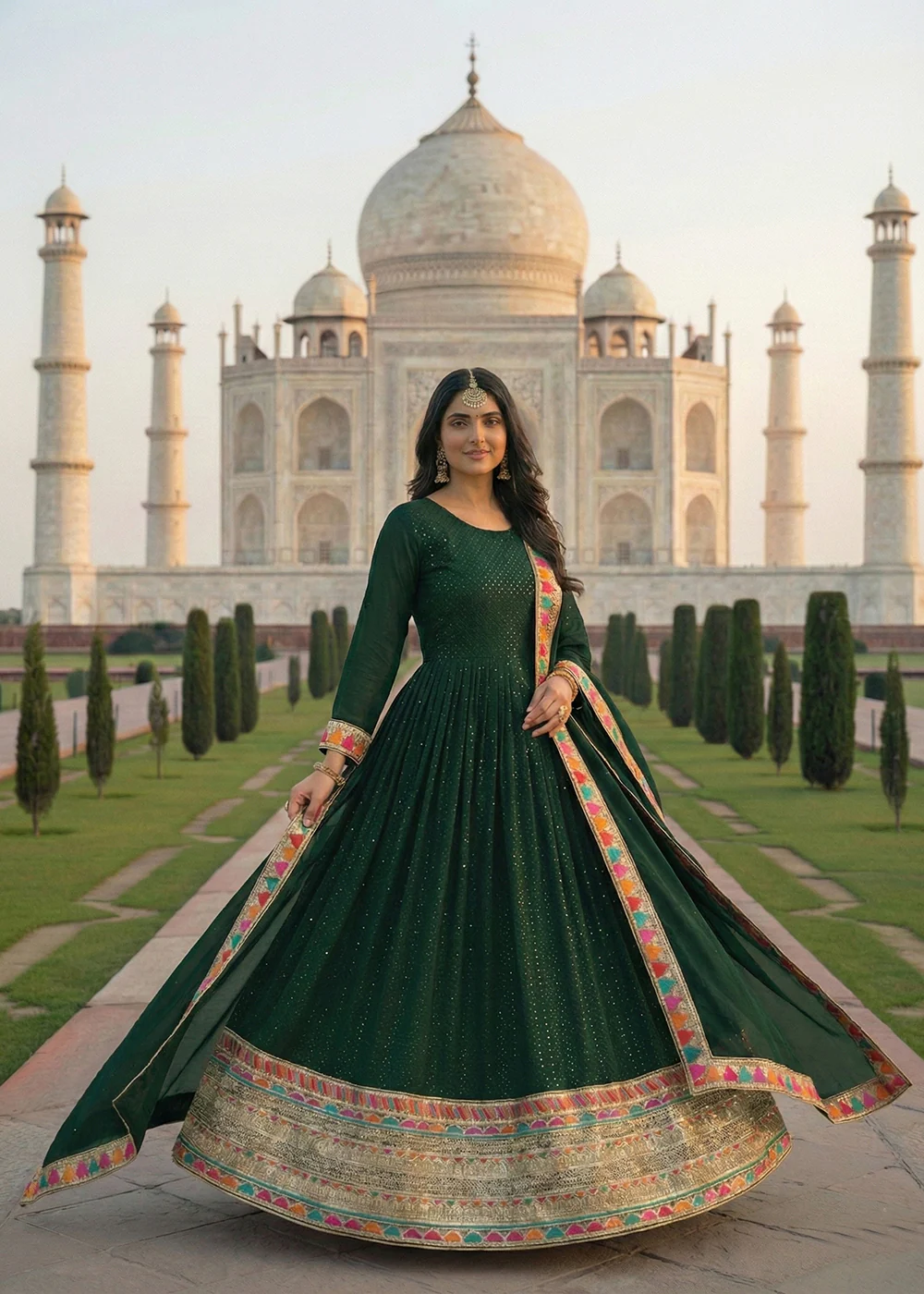 Green All Over Sequins Work Festive Anarkali Gown - Image 2