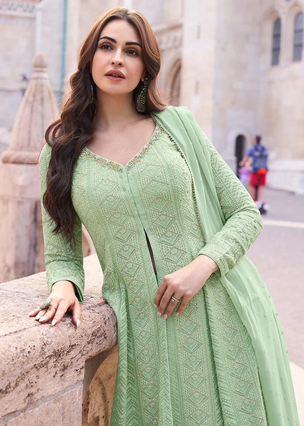 Green Anarkali Style Embroidered Festive Sharara Suit - Image 4