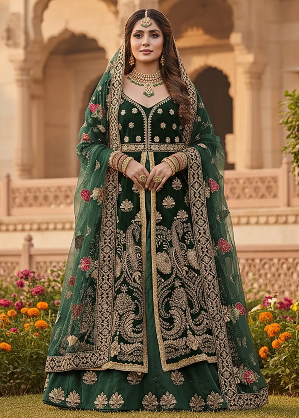 Green Anarkali Style Wedding Bridal Lehnega Suit