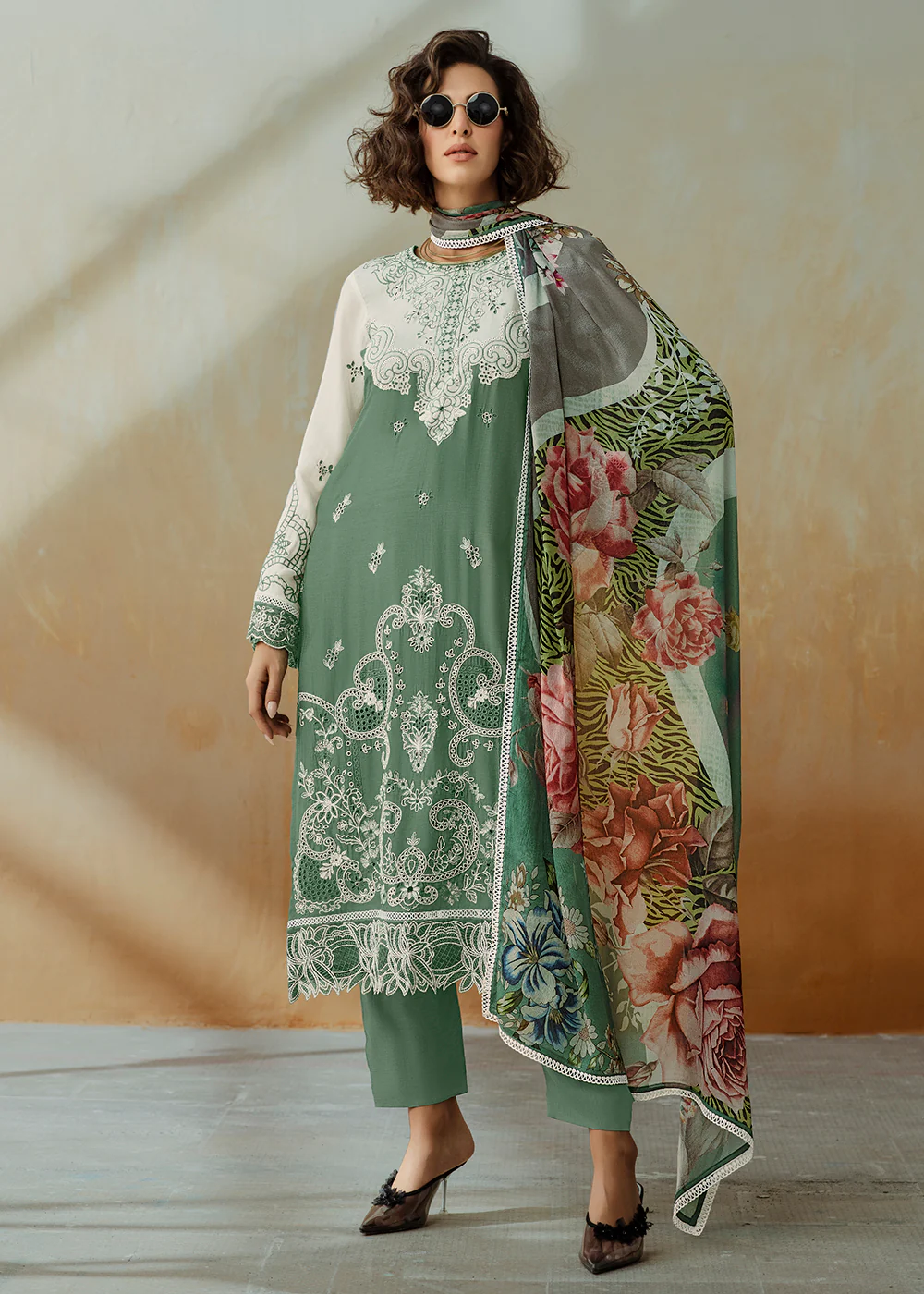 Green Applique Embroidered Muslin Pant Style Salwar Suit