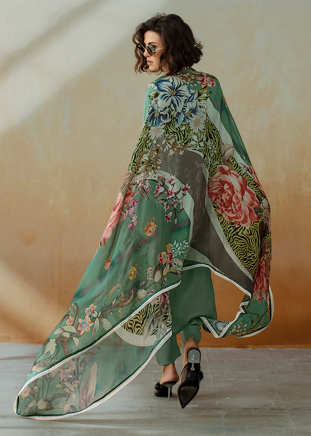 Green Applique Embroidered Muslin Pant Style Salwar Suit - Image 3