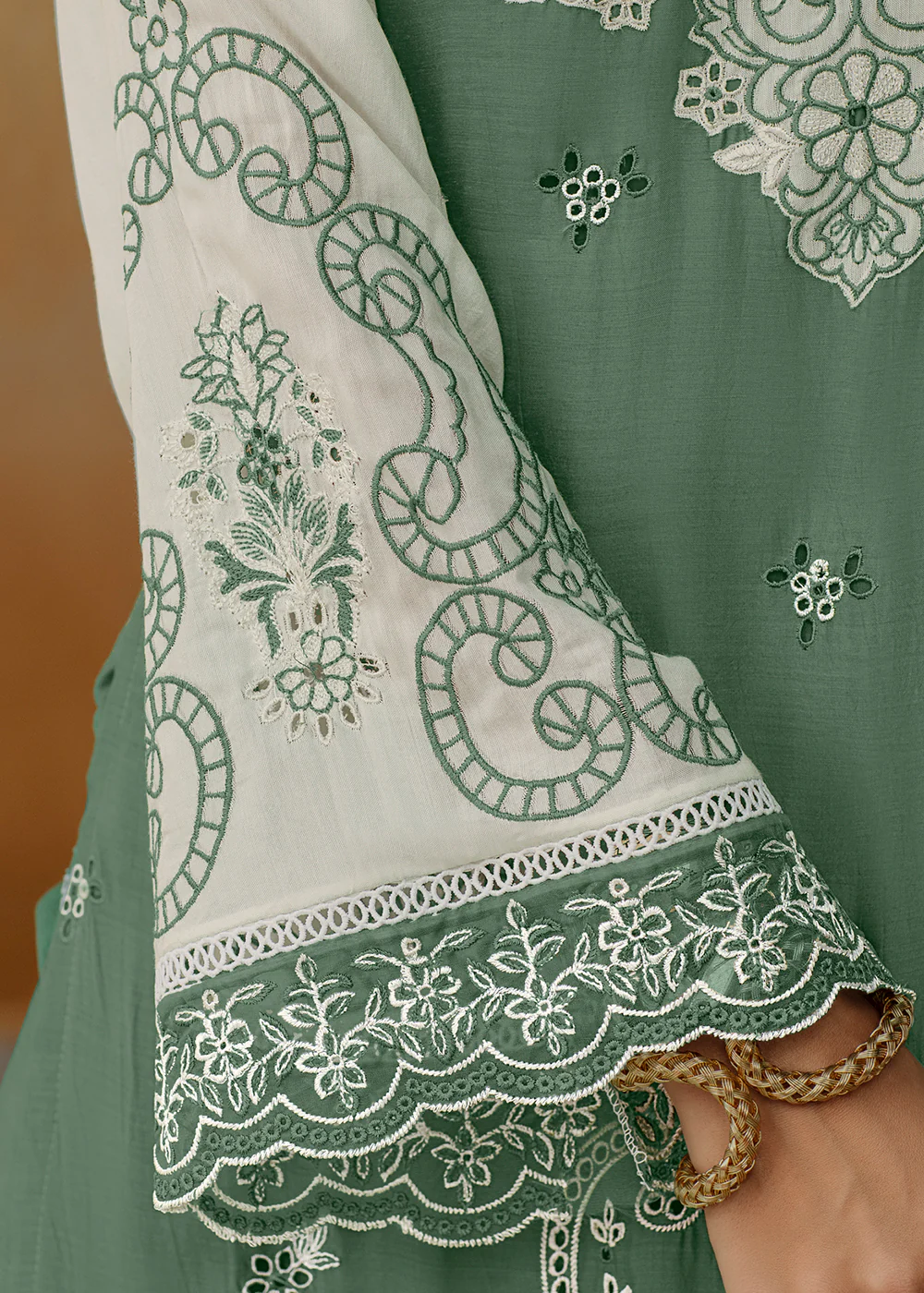 Green Applique Embroidered Muslin Pant Style Salwar Suit - Image 5