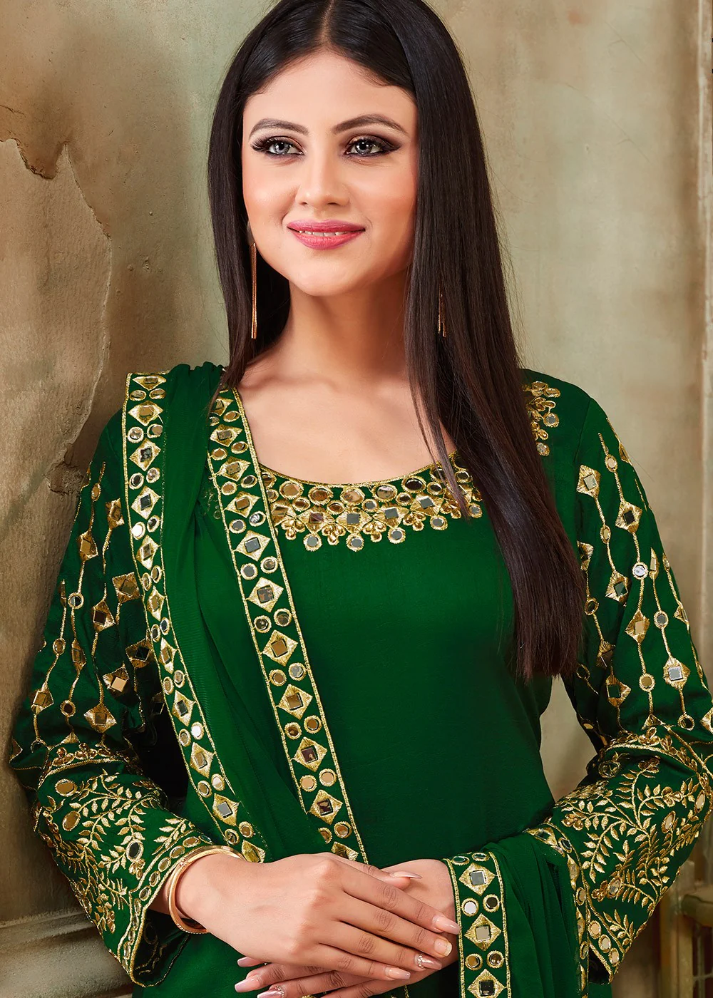 Green Art Silk Mirror Work Patiala Suit - Image 2