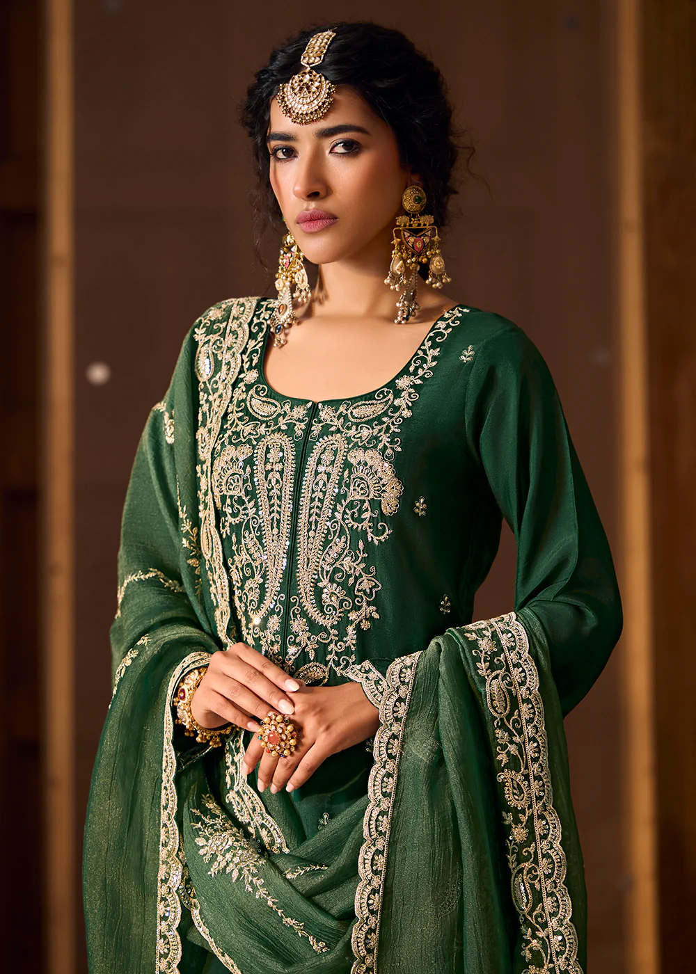 Green Bamberg Silk Embroidered Eid Style Salwar Suit - Image 4