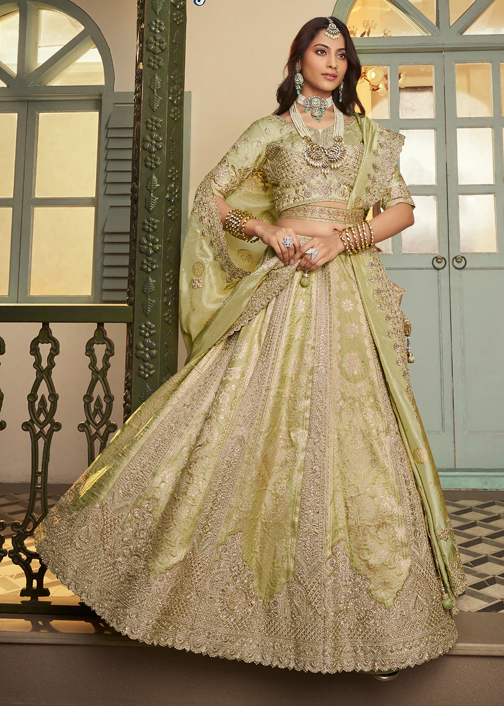 Green Banarasi Premium Silk Designer Lehenga Choli - Image 4