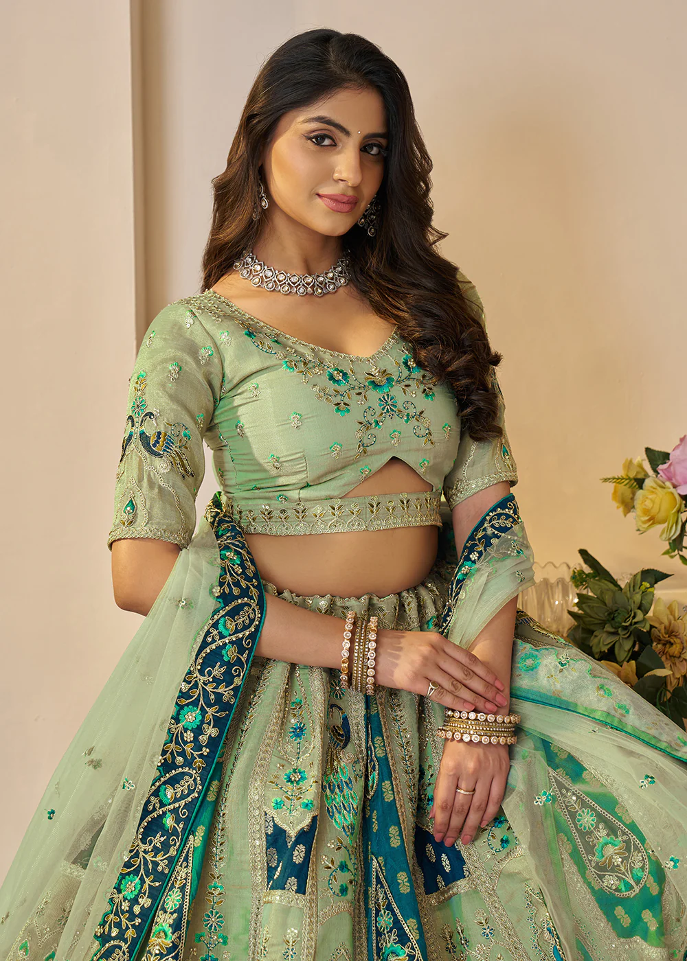 Green Banarasi Silk Embroidered Wedding Festive Lehenga Choli - Image 2