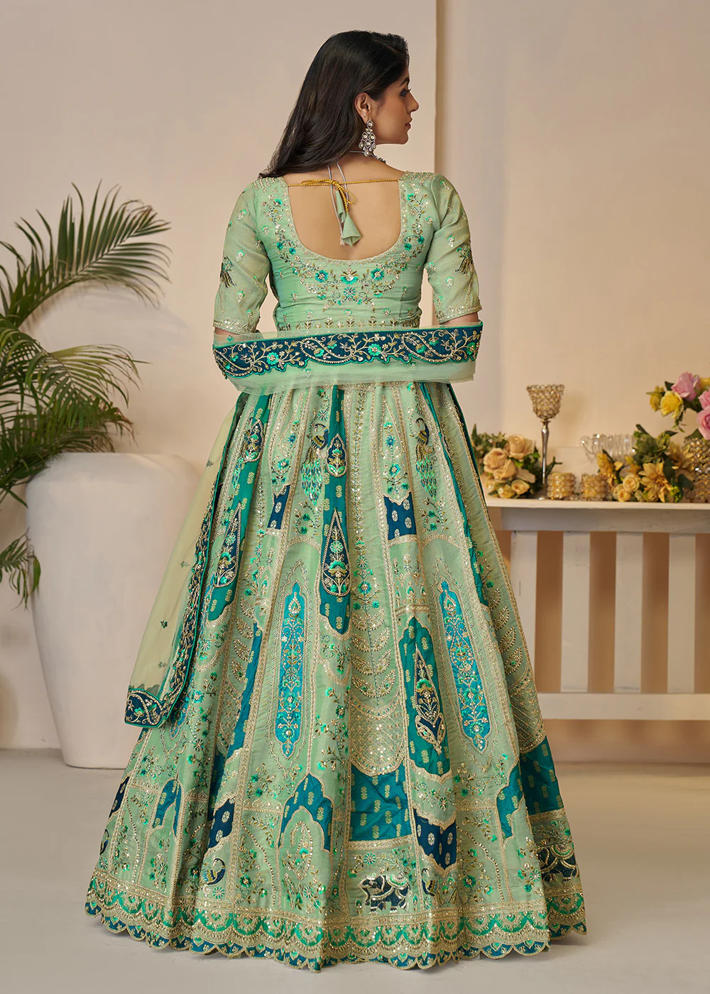 Green Banarasi Silk Embroidered Wedding Festive Lehenga Choli - Image 3