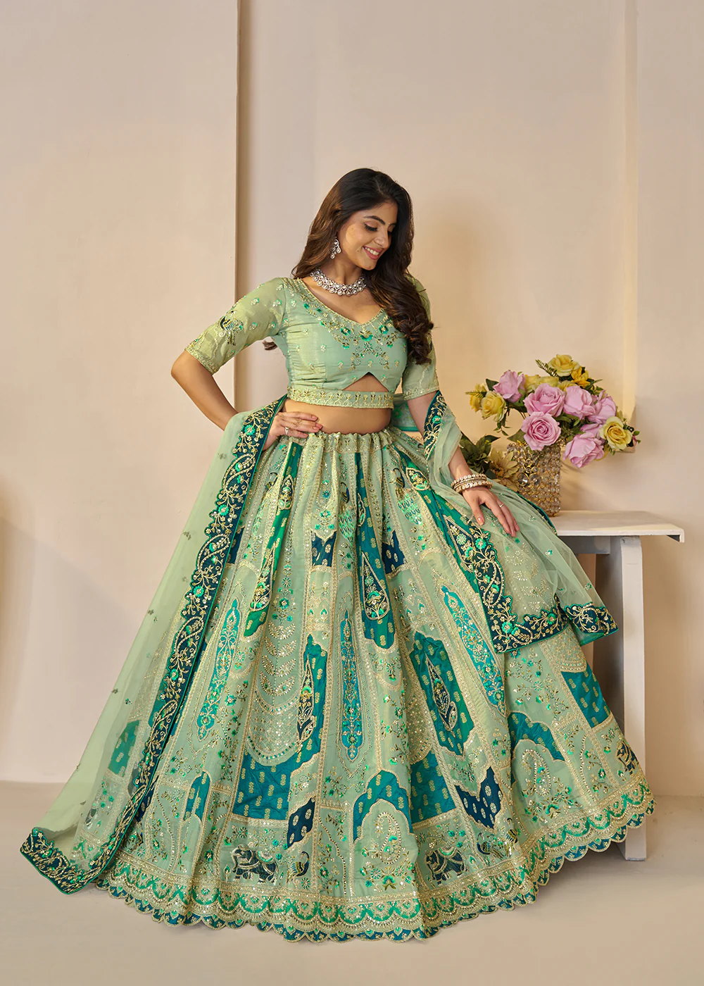 Green Banarasi Silk Embroidered Wedding Festive Lehenga Choli - Image 4