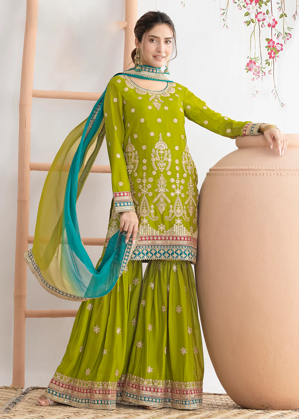 Green Beautiful Dabka Dori Gharara Style Suit