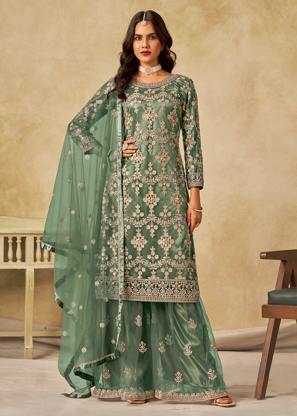 Green Beautifully Embroidered Net Wedding Palazzo Suit