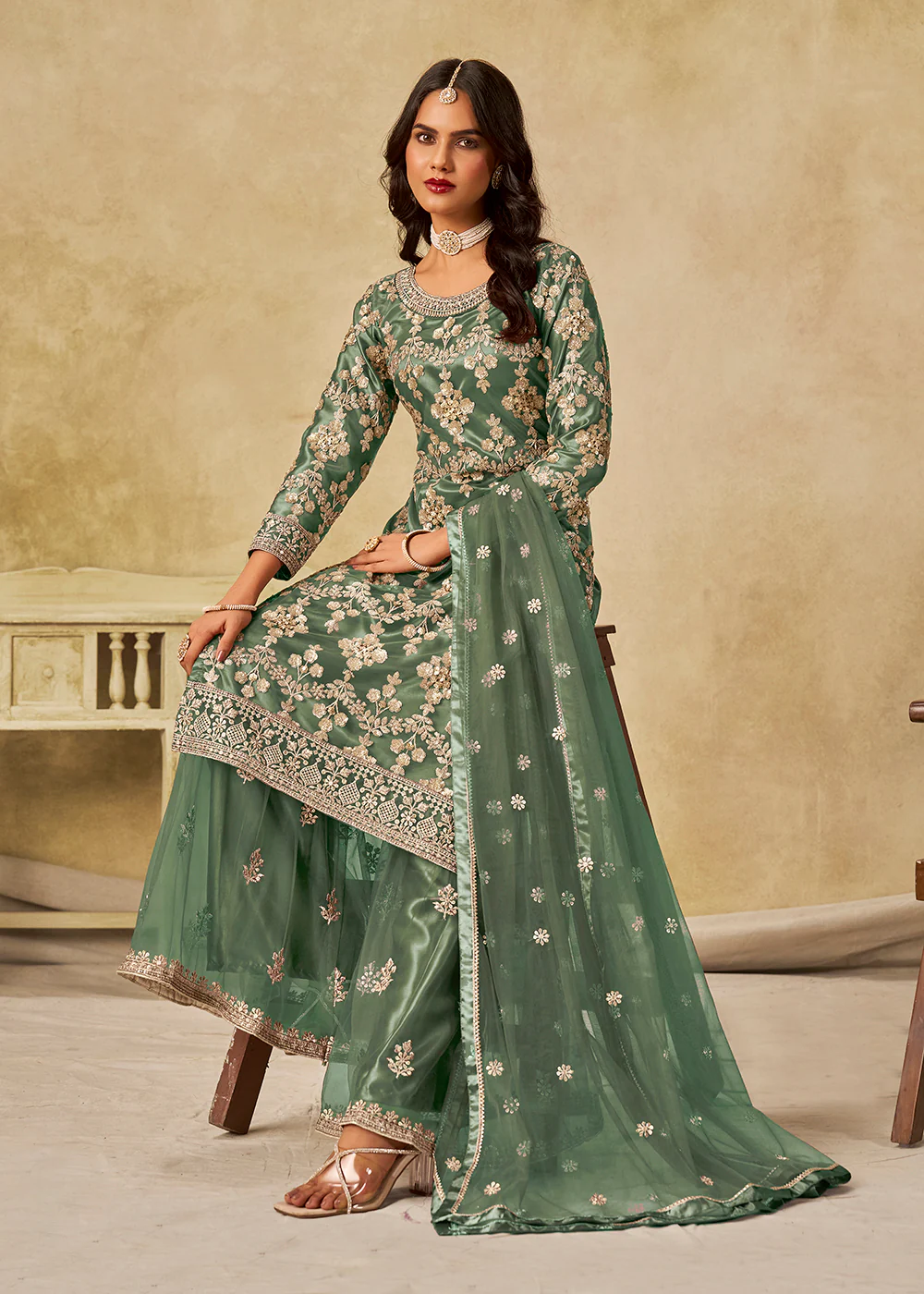 Green Beautifully Embroidered Net Wedding Palazzo Suit - Image 4