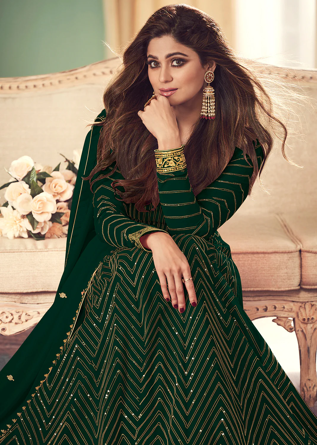 Green Belt Style Anarkali Featuring Shamita Shetty - Image 2
