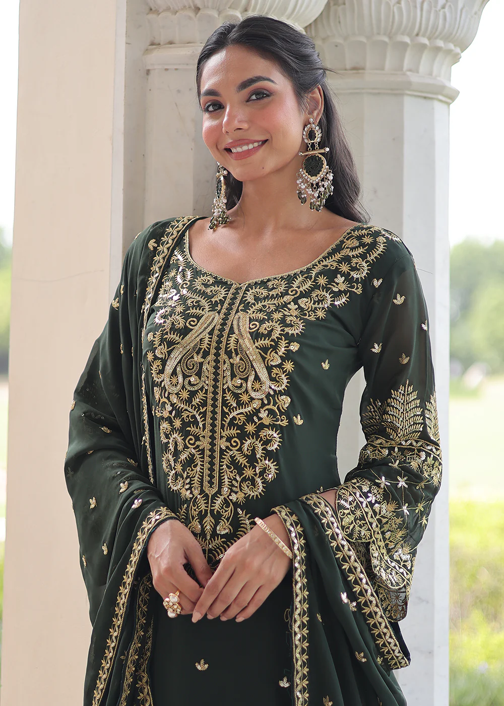 Green Blooming Silk Pakistani Style Salwar Suit - Image 2
