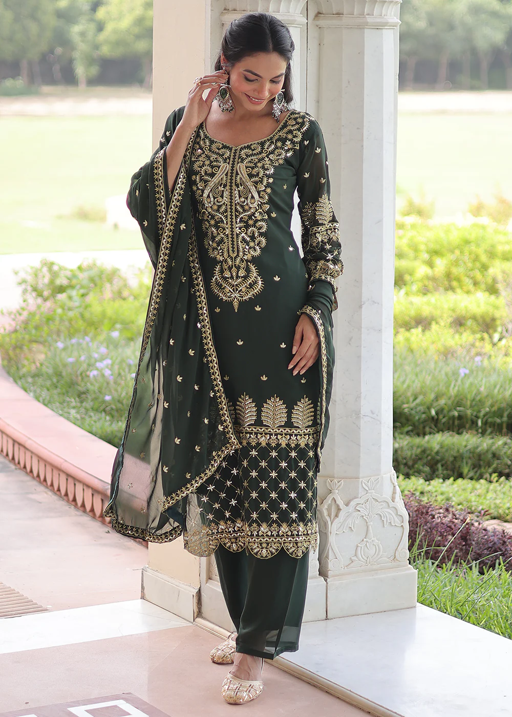 Green Blooming Silk Pakistani Style Salwar Suit - Image 6