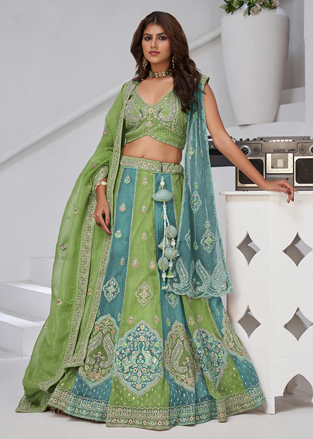 Green & Blue Georgette Tissue Wedding Lehenga Choli
