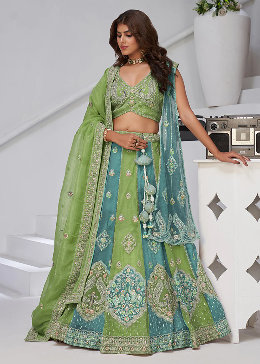 Green & Blue Georgette Tissue Wedding Lehenga Choli - Image 5