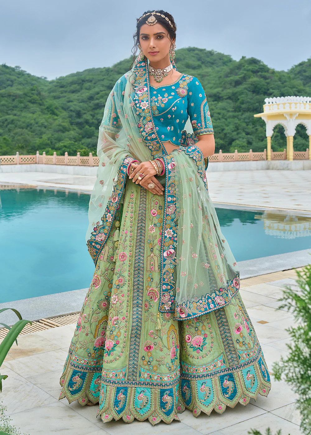 Green & Blue Heavy Embroidered Bridal Style Lehenga Choli