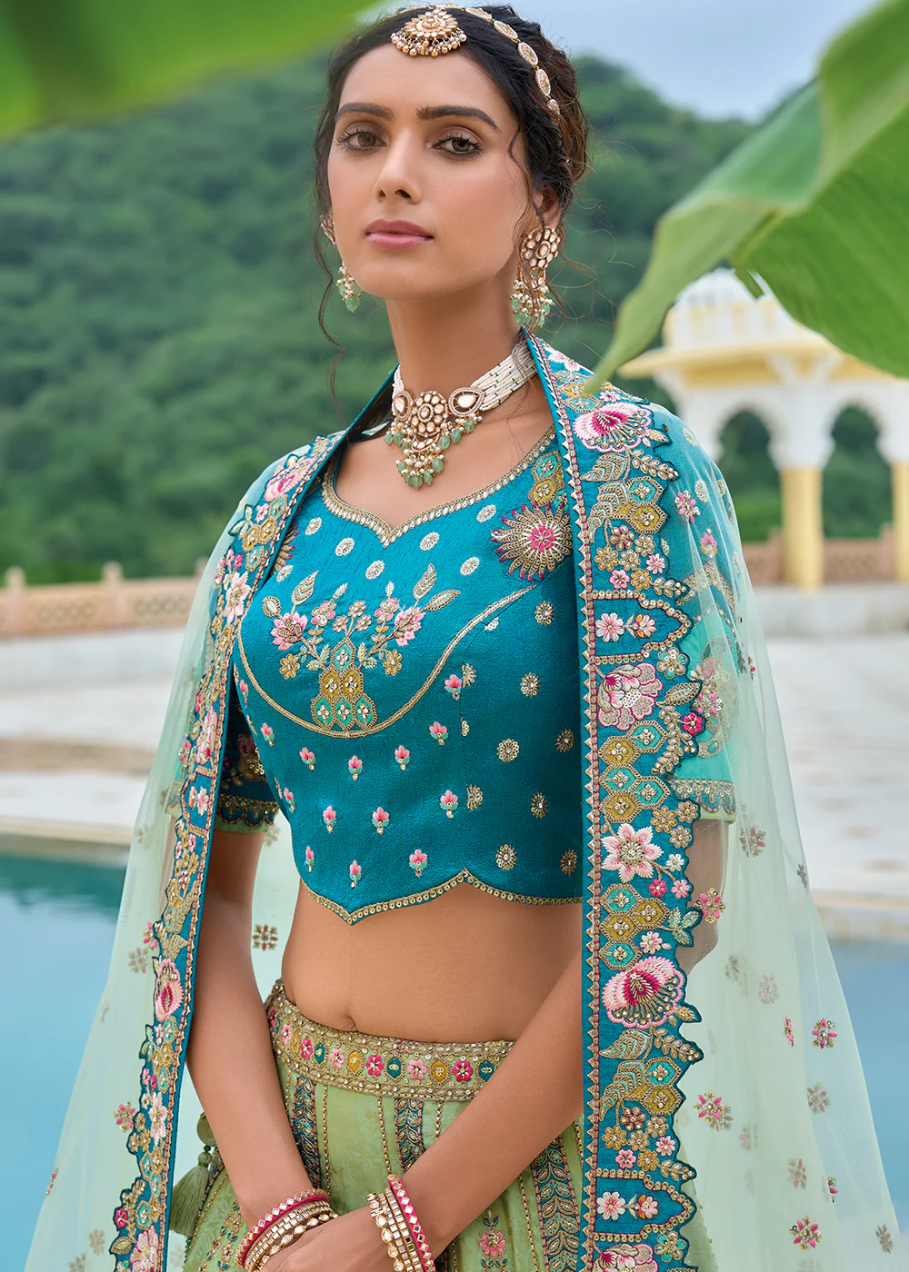 Green & Blue Heavy Embroidered Bridal Style Lehenga Choli - Image 5