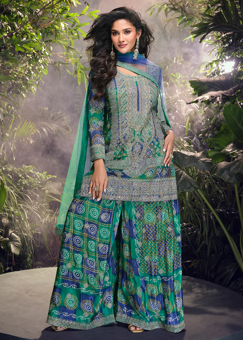 Green & Blue Mirror & Hand Worked Wedding Sharara Suit