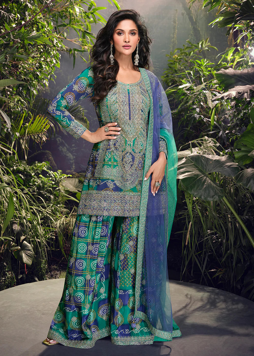 Green & Blue Mirror & Hand Worked Wedding Sharara Suit - Image 5