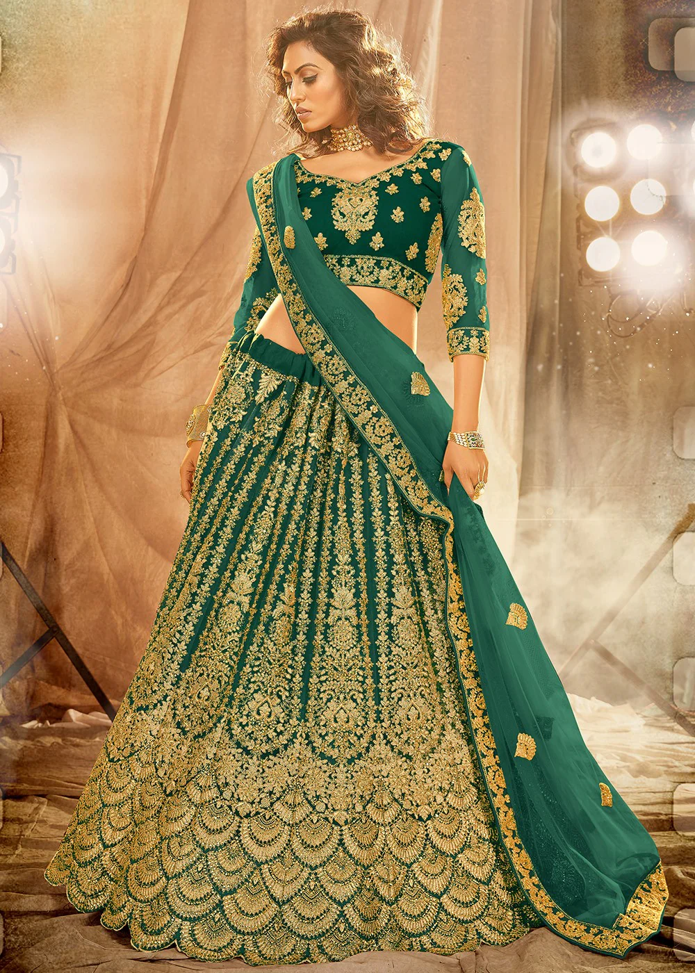 Green Bridal Embroidered Net Lehenga Choli