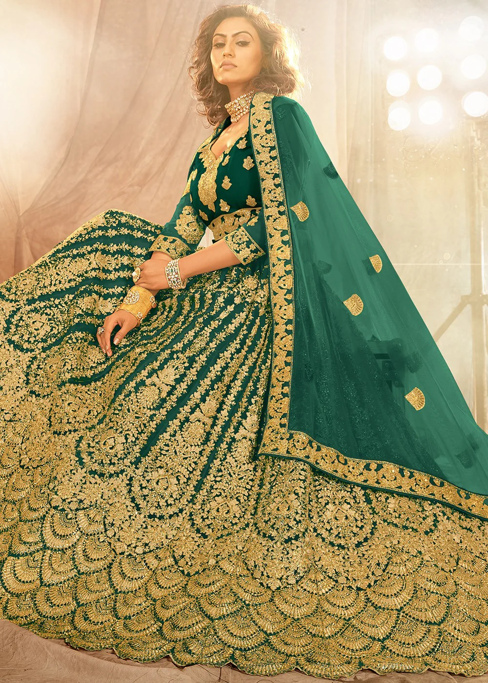Green Bridal Embroidered Net Lehenga Choli - Image 3
