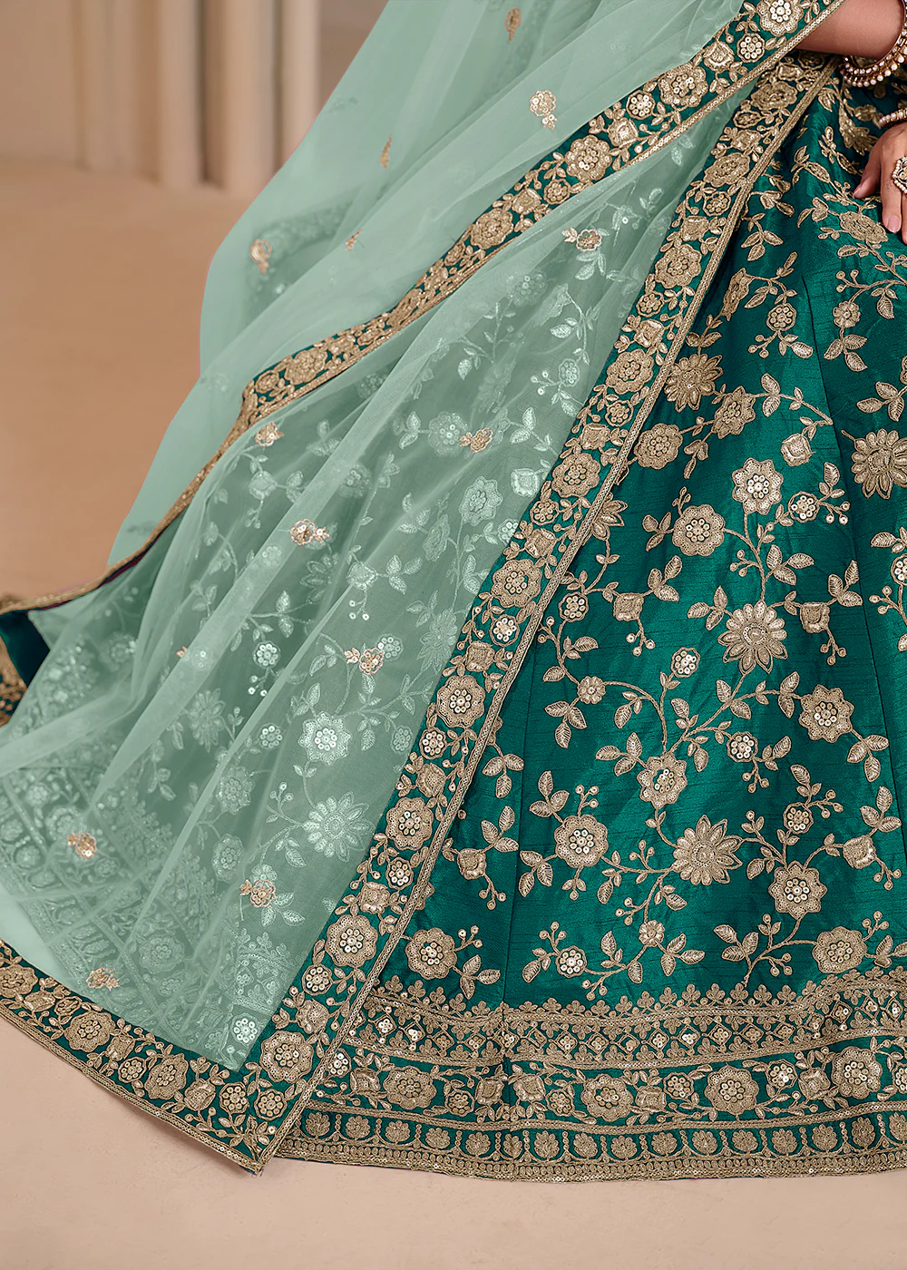 Green Bridesmaids Style Art Silk Wedding Lehenga Choli - Image 4