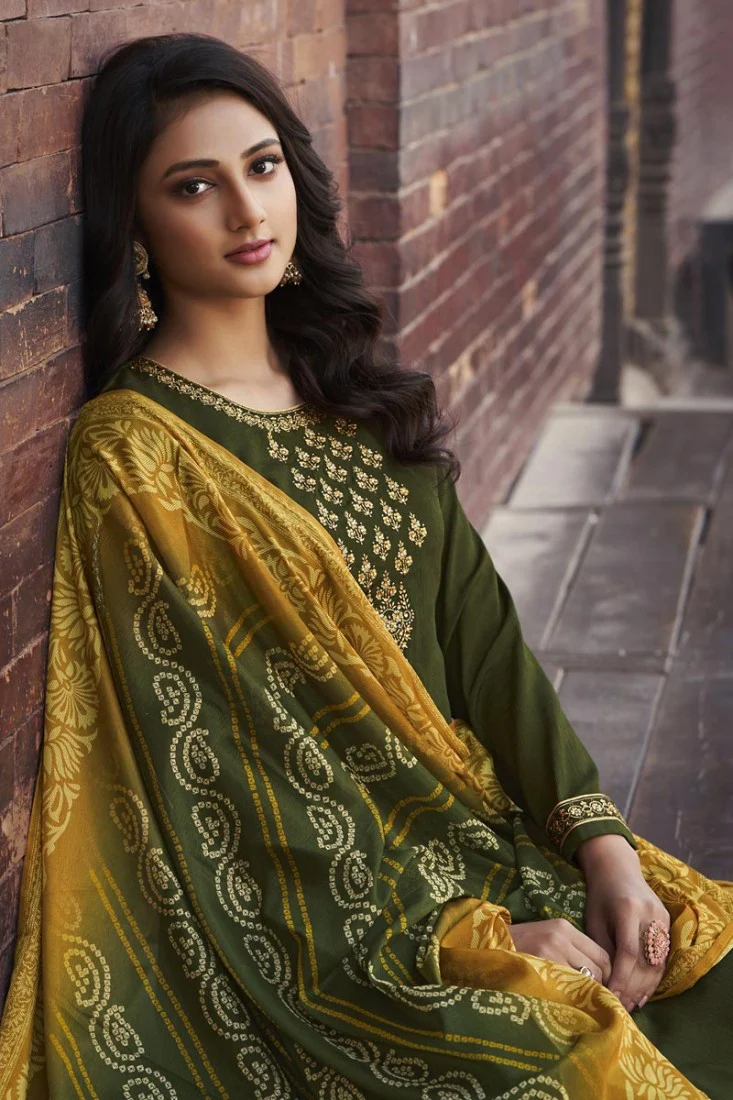 Green Chiffon Embroidered Festive Palazzo Suit - Image 2