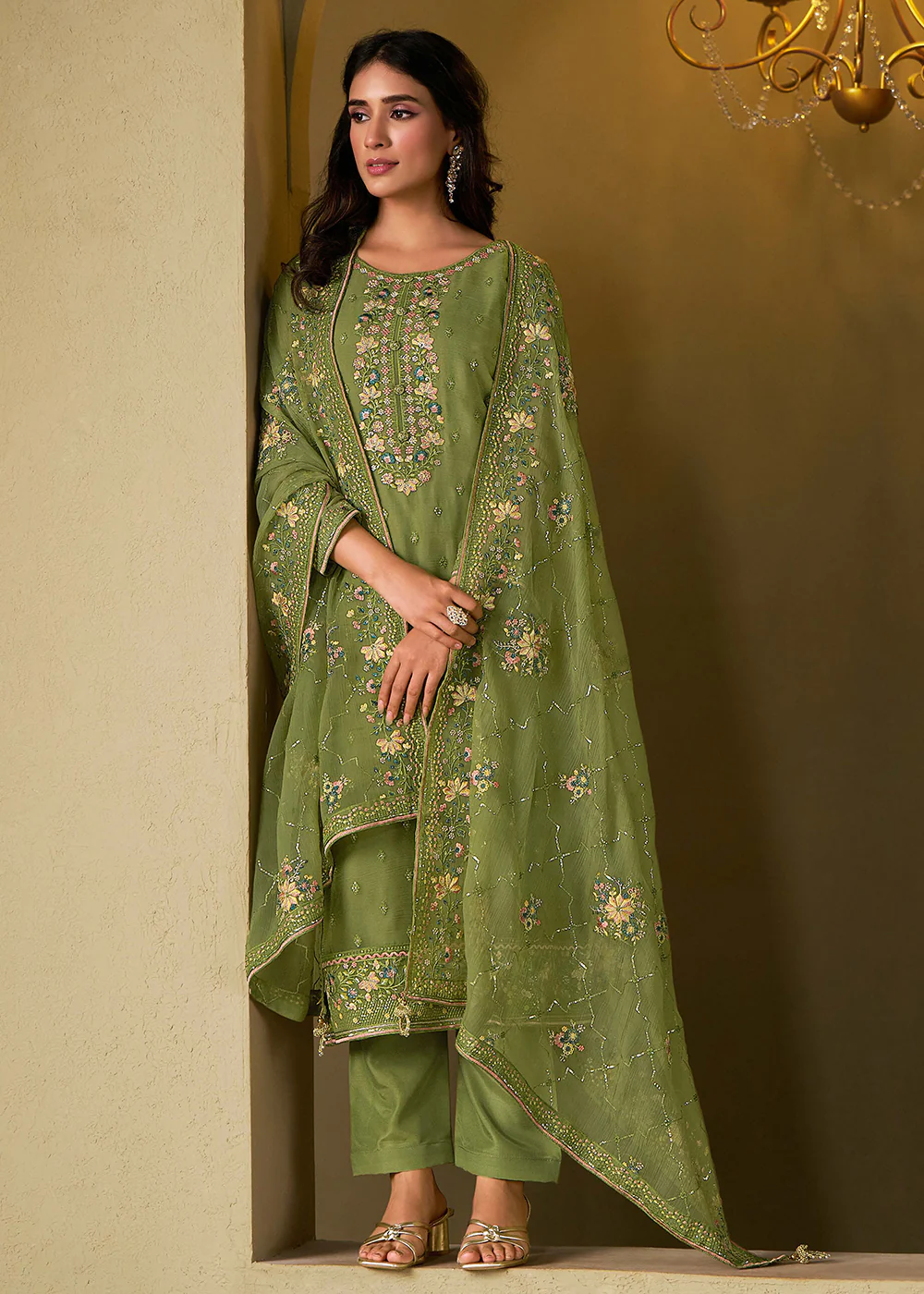 Green Chiffon Swarovski Embroidered Salwar Suit - Image 3