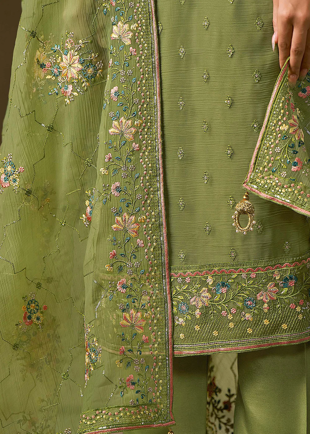 Green Chiffon Swarovski Embroidered Salwar Suit - Image 4