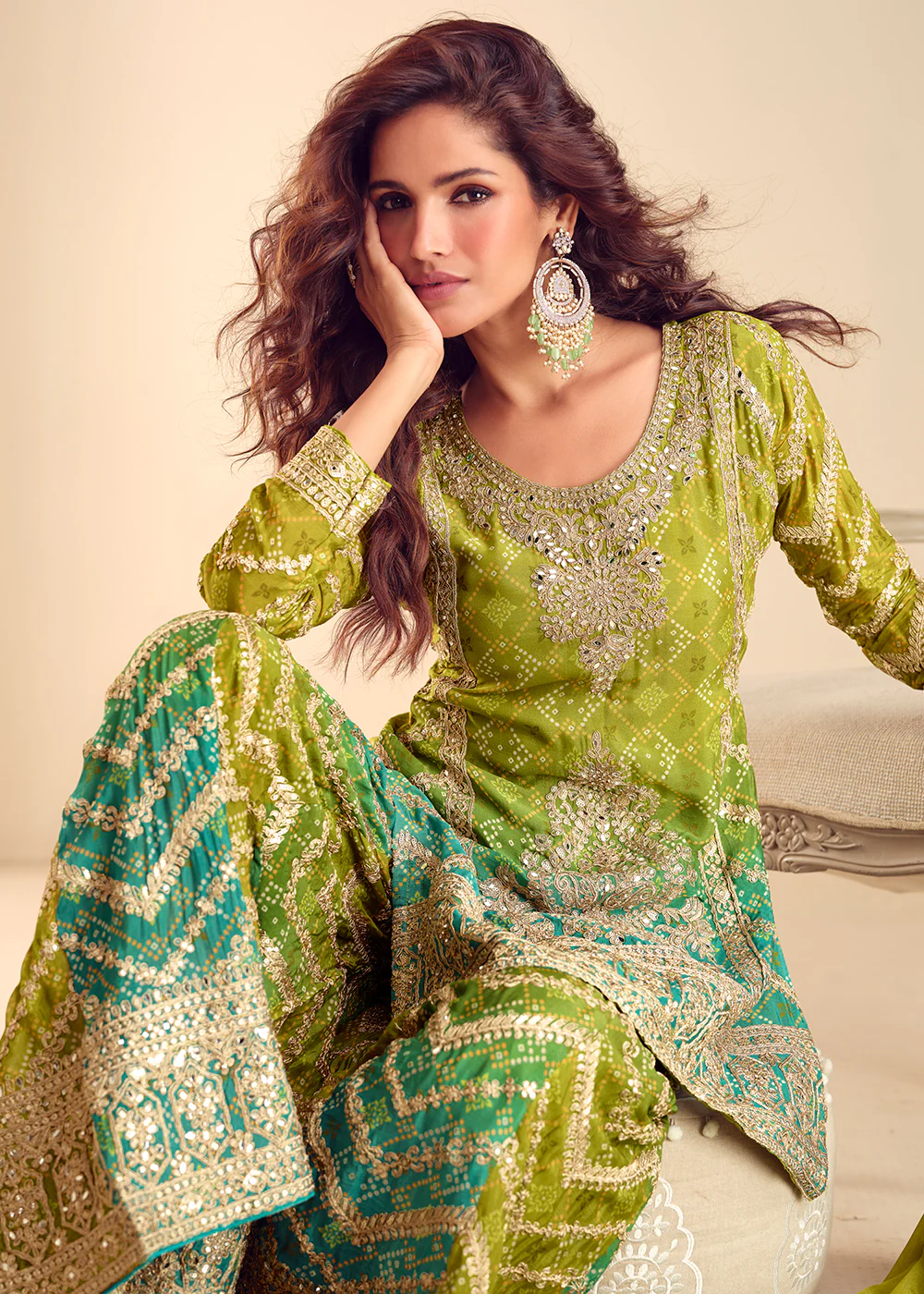 Green Chinnon Bandhej Printed & Mirror Festive Palazzo Suit - Image 2