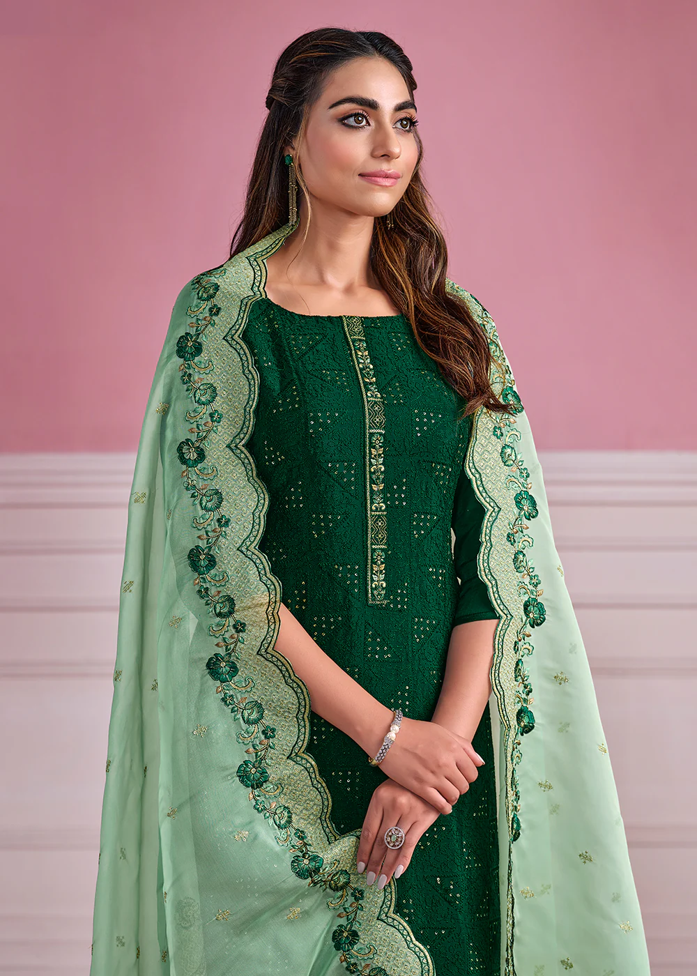 Green Chinnon Chiffon Chikankari Embroidered Wedding Salwar Suit - Image 2