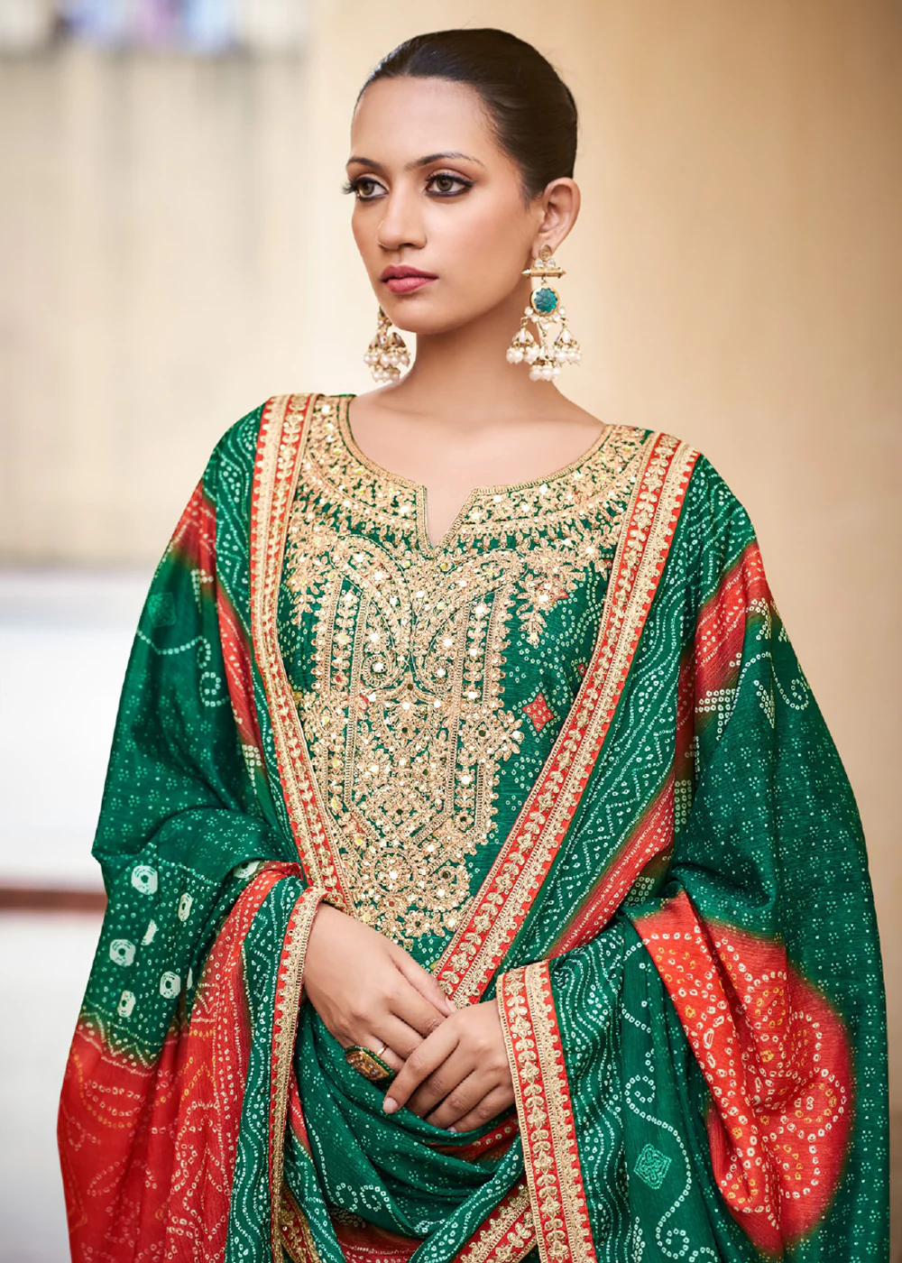 Green Chinnon Mirror Embroidered Palazzo Style Suit - Image 2