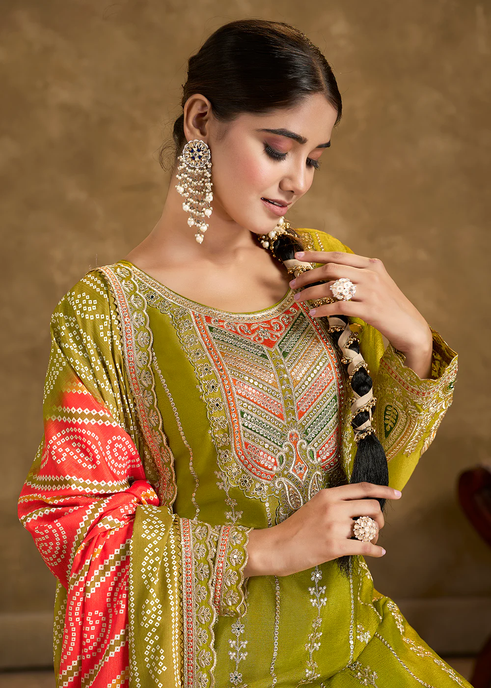 Green Chinnon Punjabi Style Dhoti Style Salwar Suit - Image 2