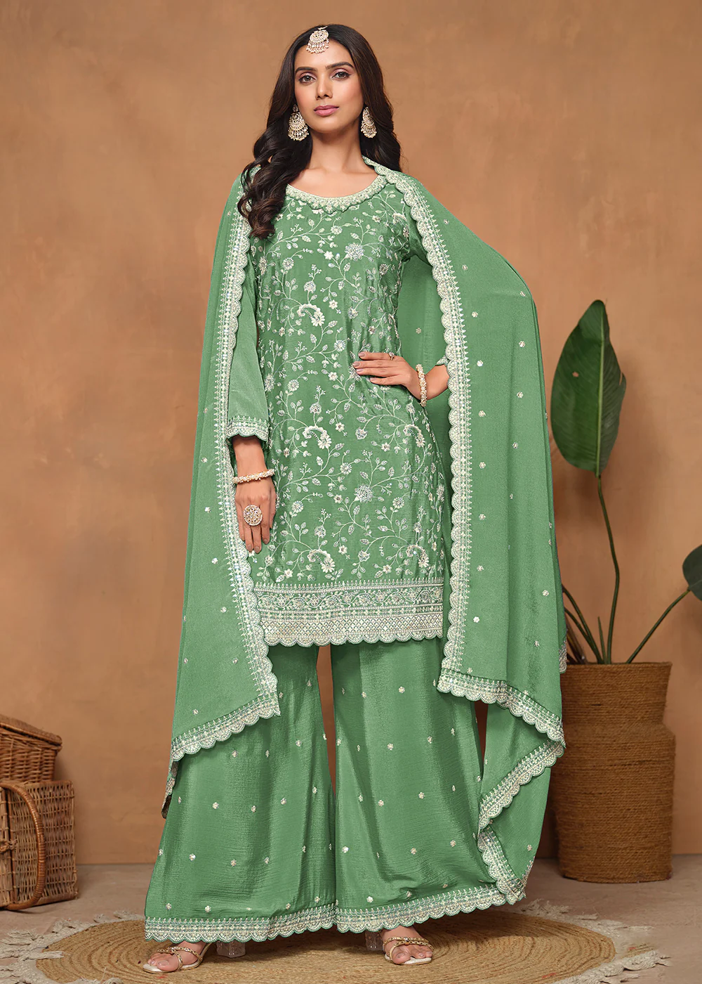 Green Chinnon Resham & Sequins Embroidered Palazzo Suit - Image 3