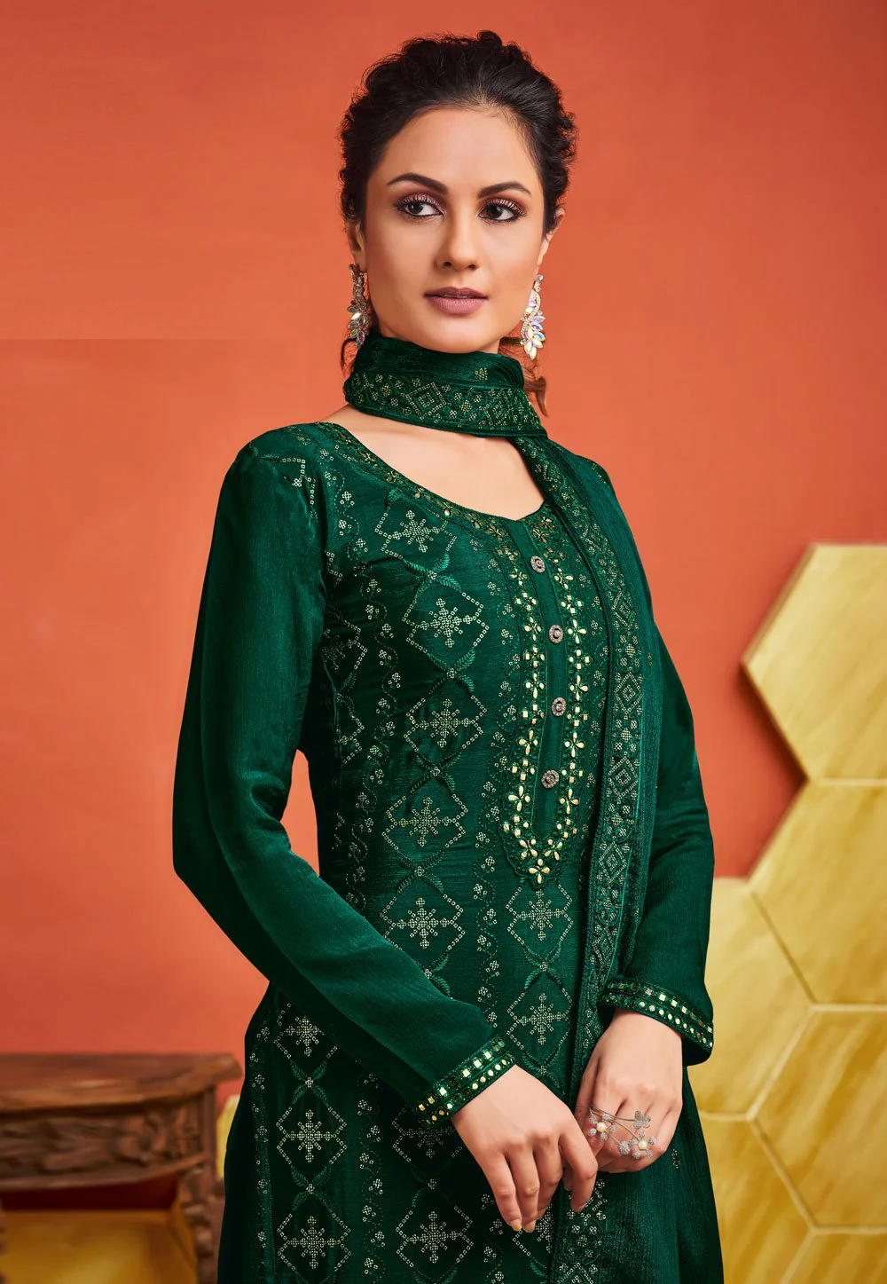 Green Chinnon Sequins Embroidered Palazzo Suit - Image 2