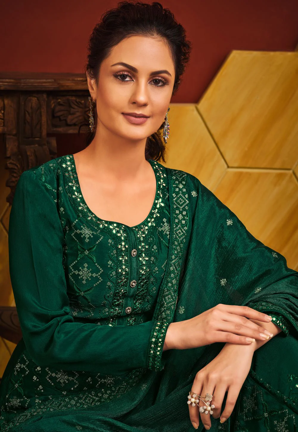 Green Chinnon Sequins Embroidered Palazzo Suit - Image 3