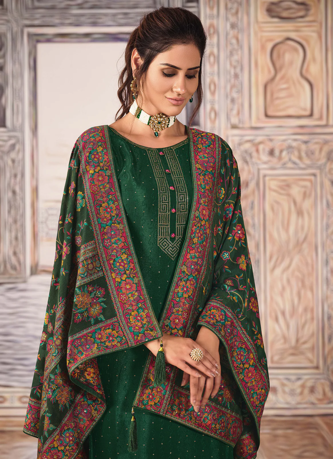 Green Chinnon Sequins Embroidered Pant Style Suit - Image 2