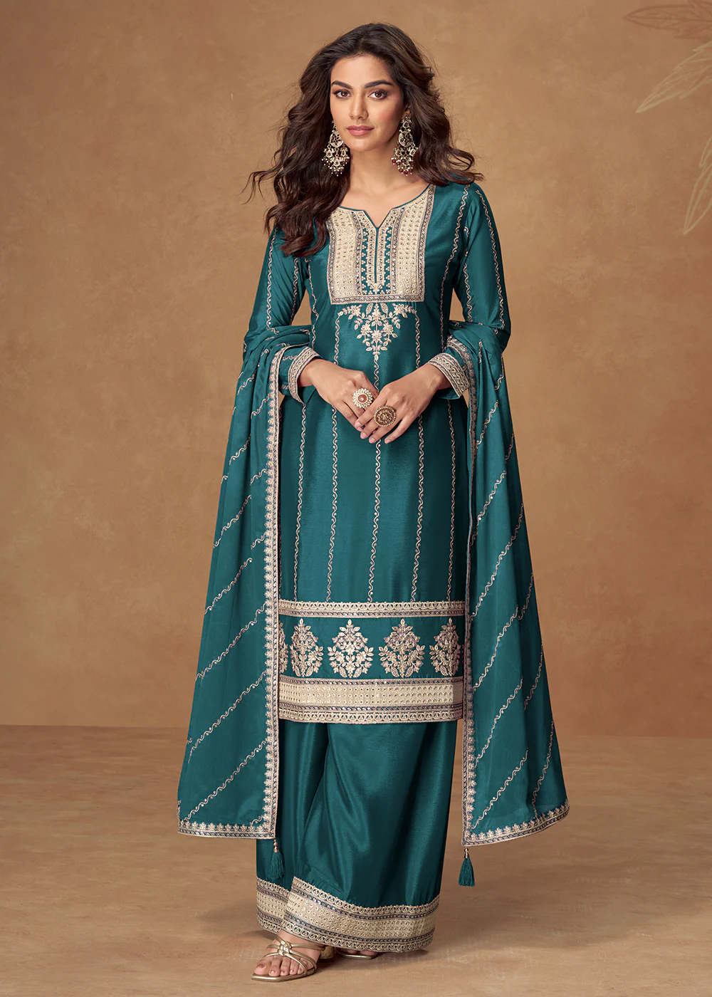 Green Chinnon Silk Embroidered Wedding Wear Suit