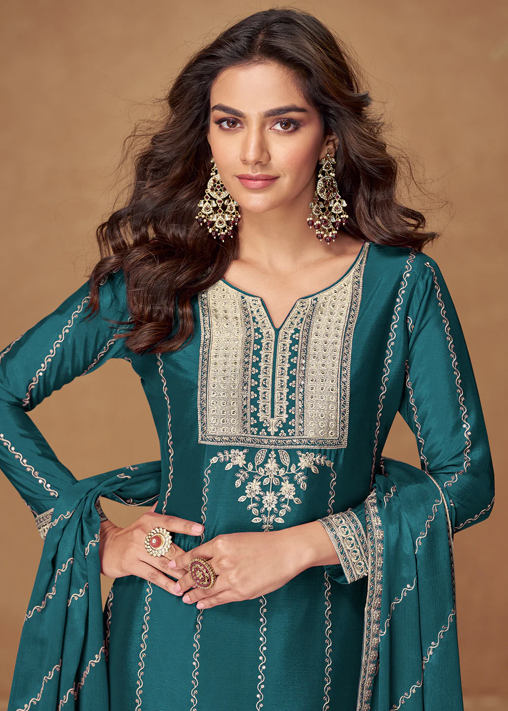 Green Chinnon Silk Embroidered Wedding Wear Suit - Image 2