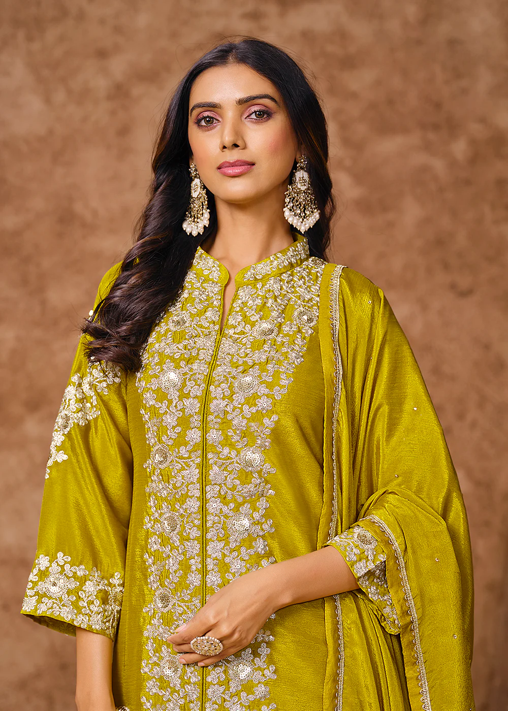 Green Chinnon Silk Festive Embroidered Palazzo Style Suit - Image 2