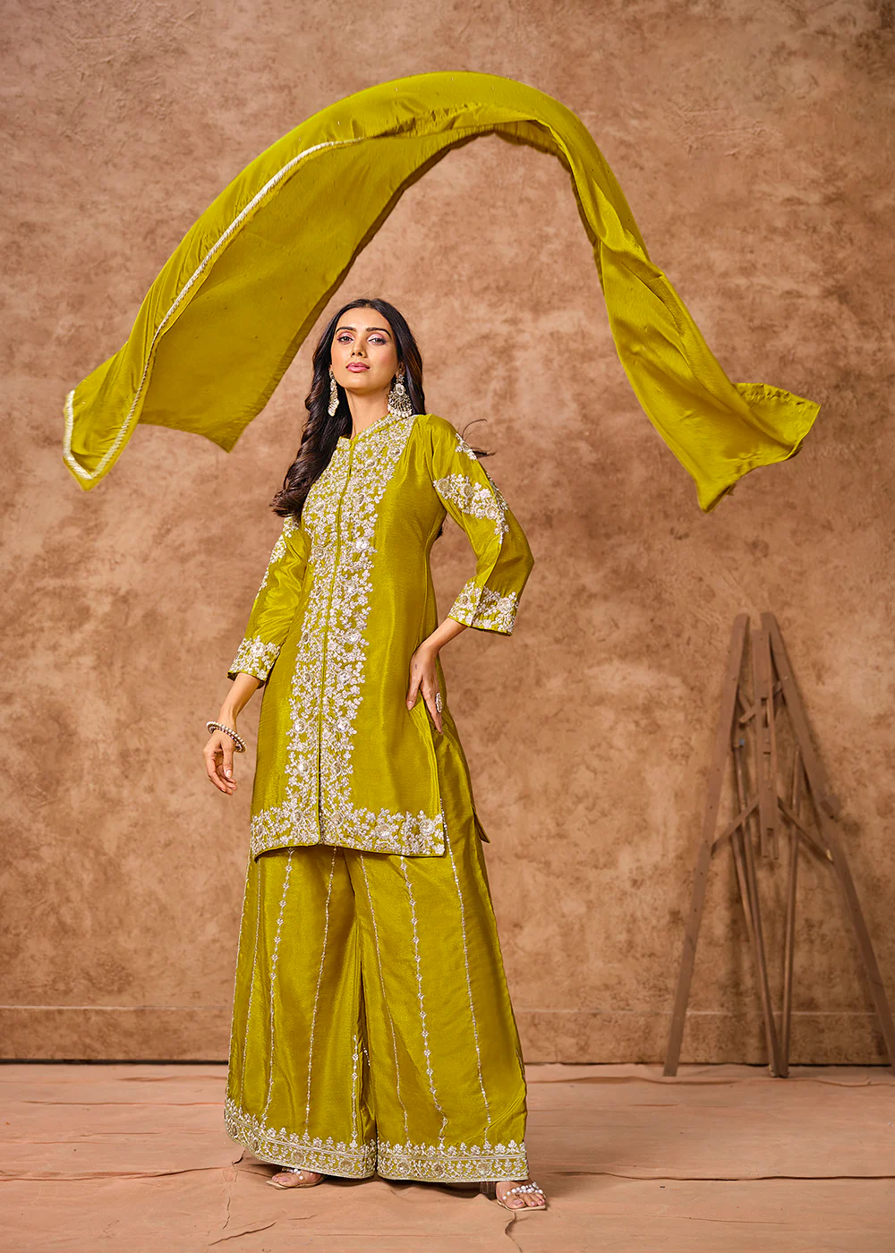 Green Chinnon Silk Festive Embroidered Palazzo Style Suit - Image 3