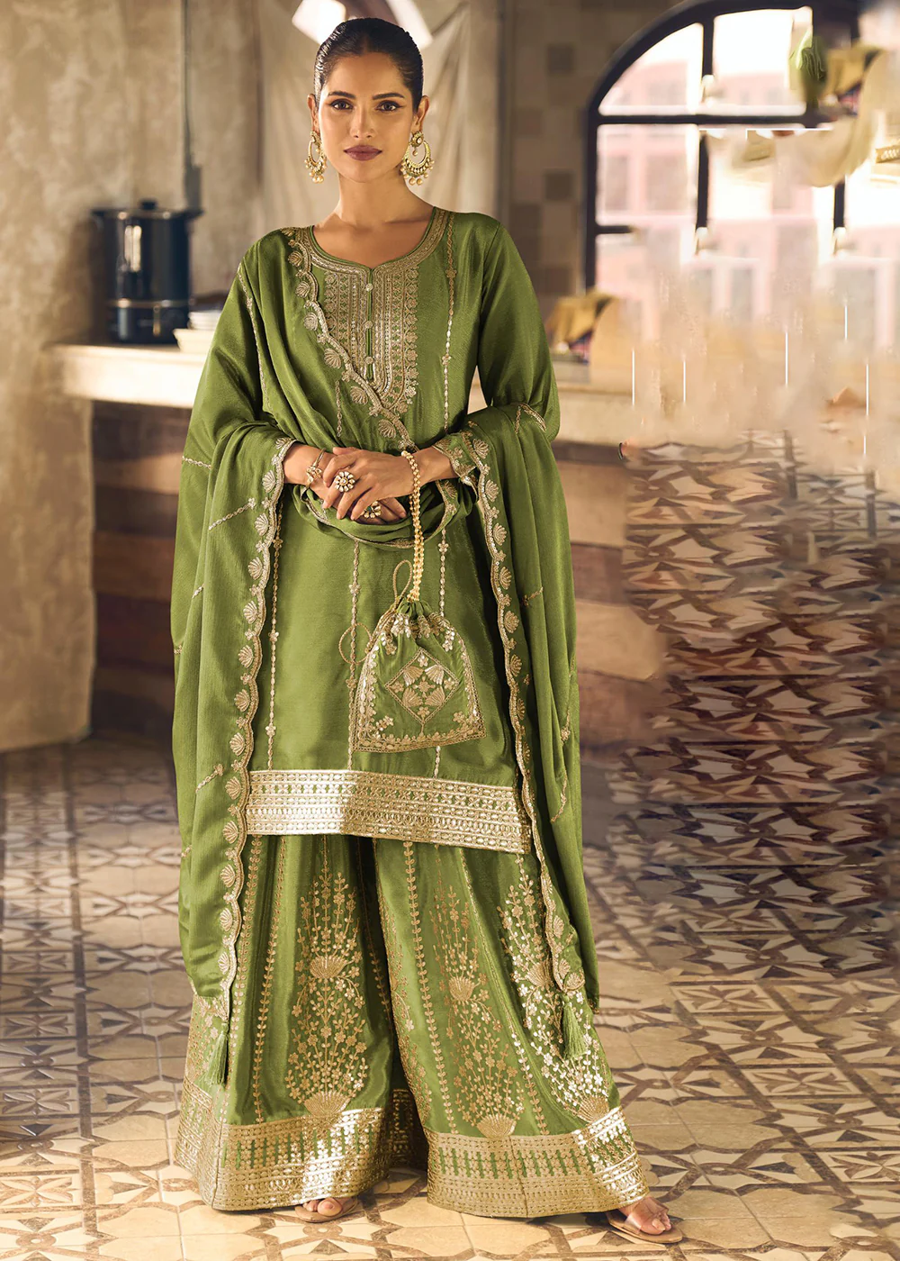 Green Chinnon Silk Function & Festive Palazzo Suit