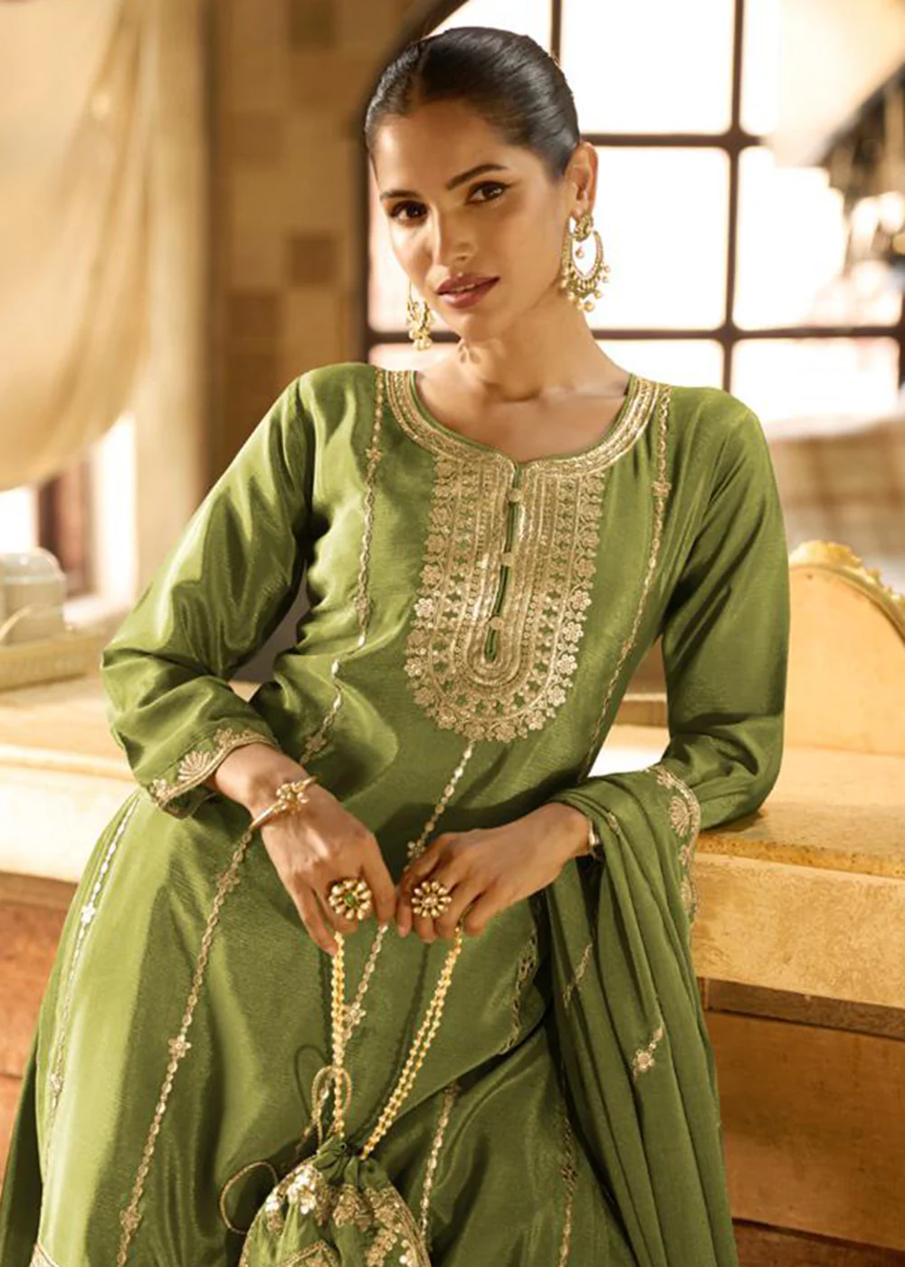 Green Chinnon Silk Function & Festive Palazzo Suit - Image 2