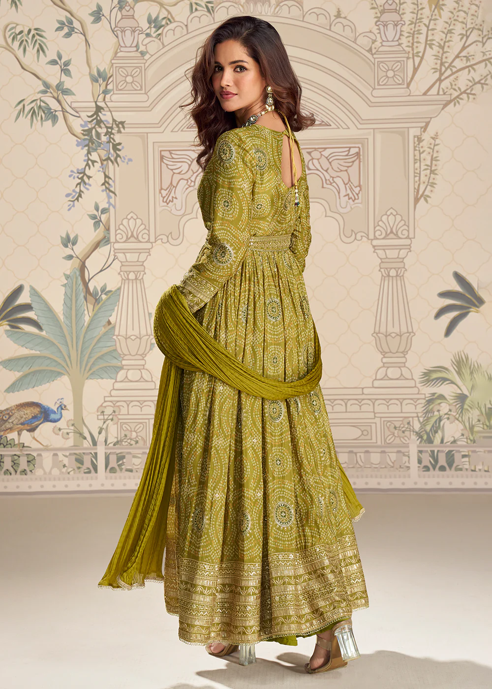 Green Chinnon Silk Slit Frock Style Anarkali Dress - Image 3