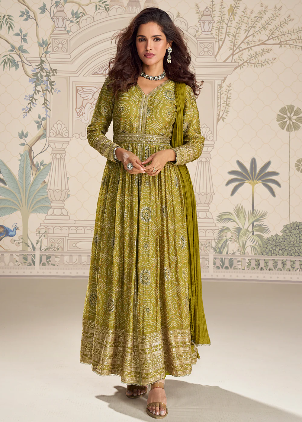 Green Chinnon Silk Slit Frock Style Anarkali Dress - Image 4