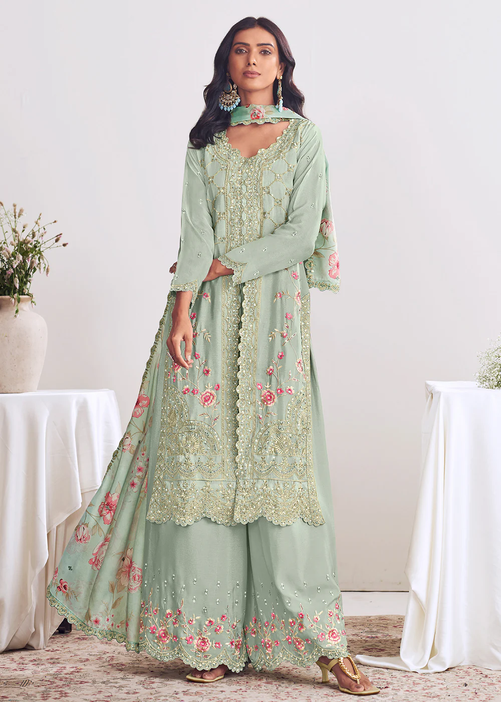 Green Chinnon Silk Thread & Mirror Palazzo Suit