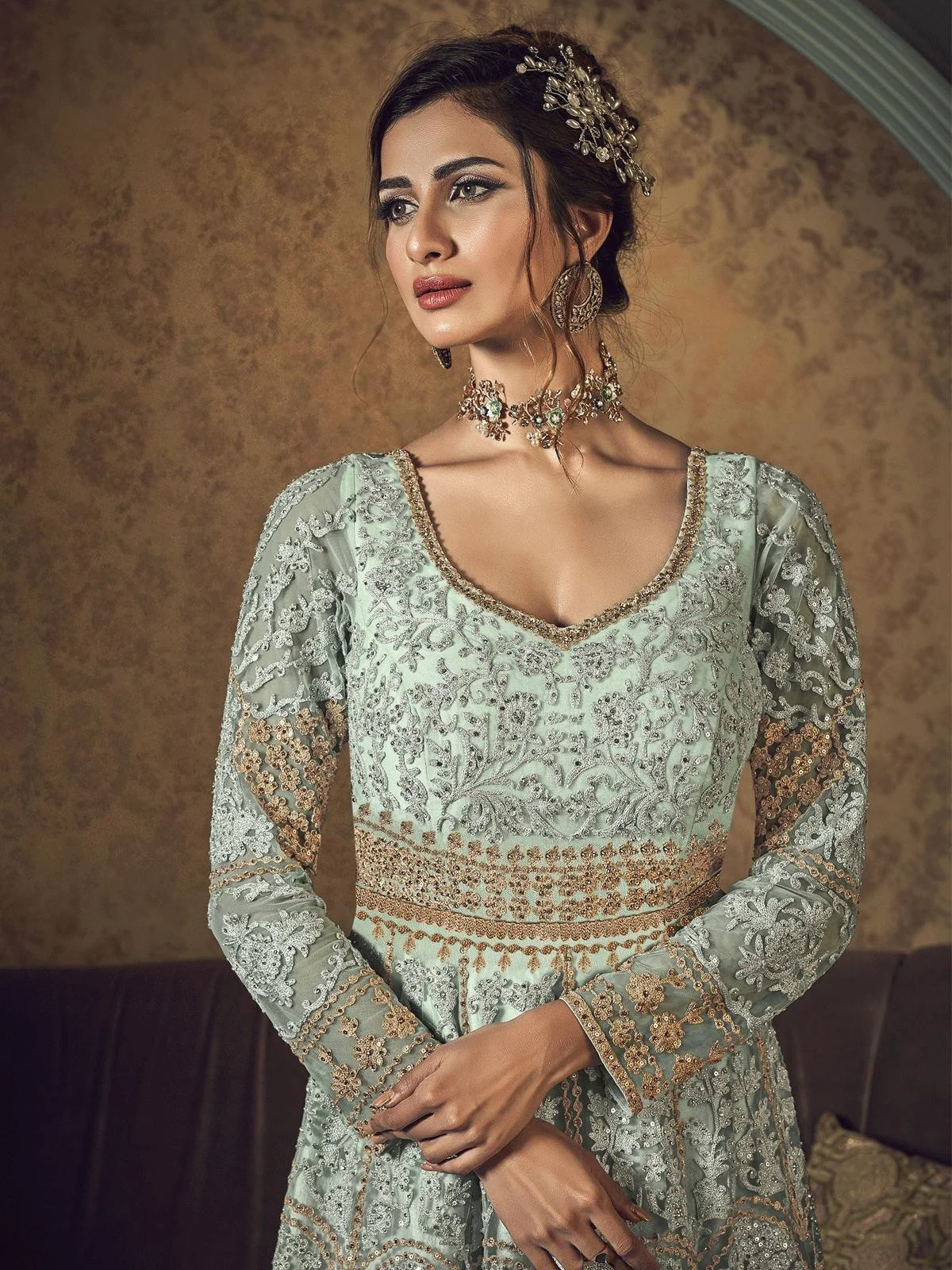 Green Cord Embroidered Jacket Style Anarkali Suit - Image 3
