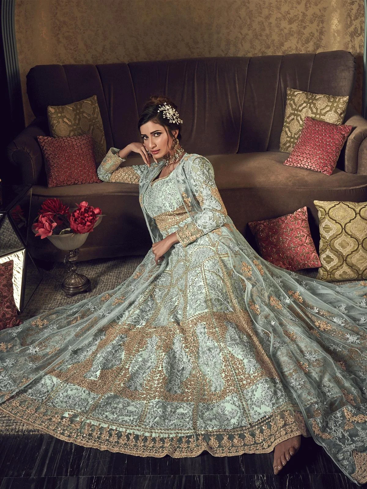 Green Cord Embroidered Jacket Style Anarkali Suit - Image 4