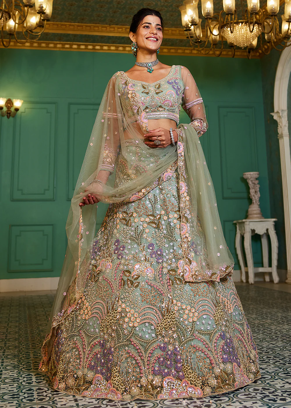 Green Cording & Sequins Embroidered Net Lehenga Choli